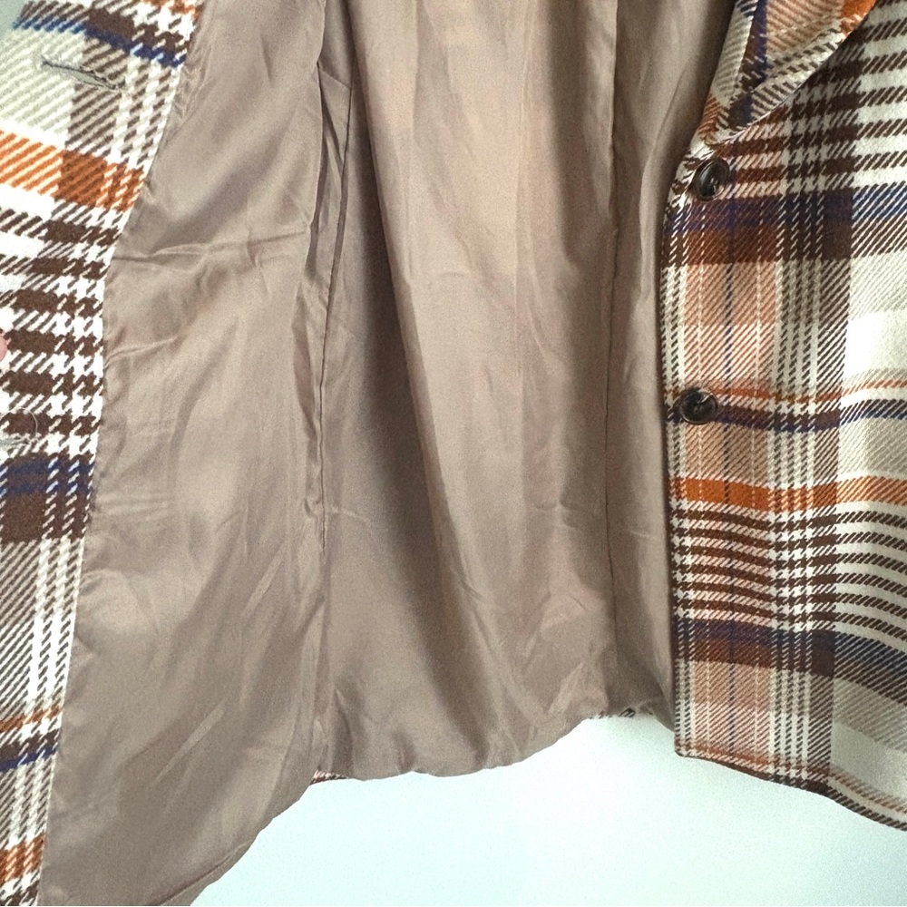 Forever 21 | Women's Plaid Cream Orange Brown Long Coat Deep V Size L - Picture 6 of 8